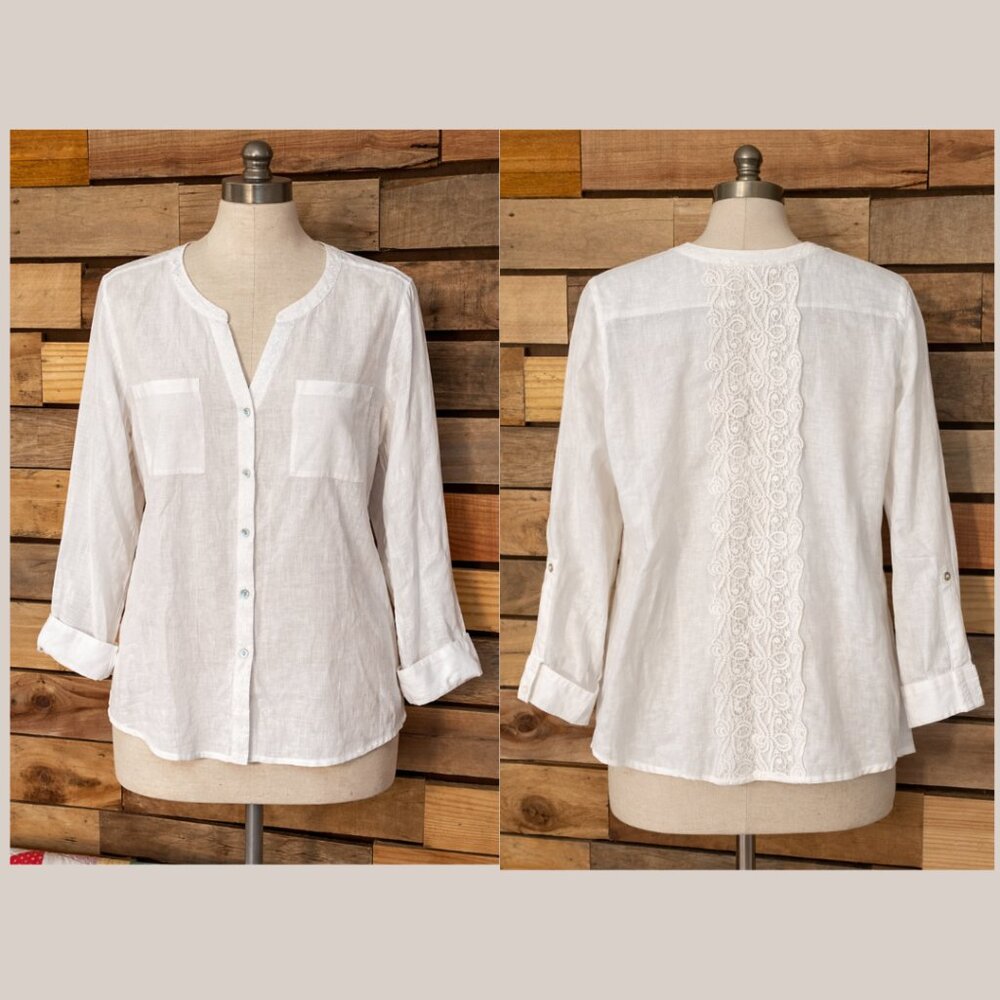 Chico’s Size 2 White 100% Linen Blouse Lace Back Detail